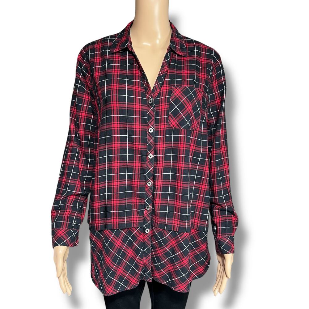 J Jill Plaid Button Down Tunic Shirt Petite Medium Red Black Oversized Cotton